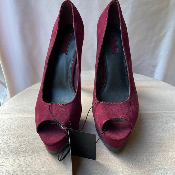 Forever 21 Womens Size 8.5 Heels Wine Faux Suede Peep Toe Platform Stilleto New - Picture 2 of 13